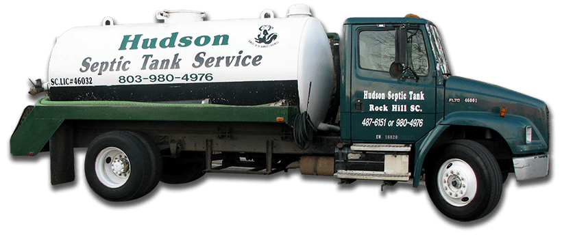 Hudson Septic Tank Cleaning | Rock Hill, York County, Chester County, Lancaster County | dark green company truck with logo and phone number painted on its side